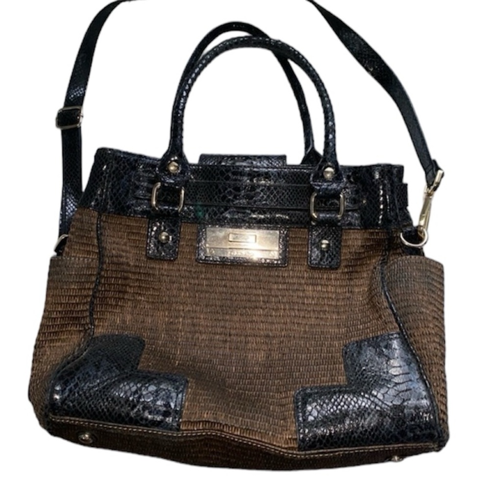 Calvin Klein Woven Straw Wicker Purse Crossbody Handbag with Black Trim